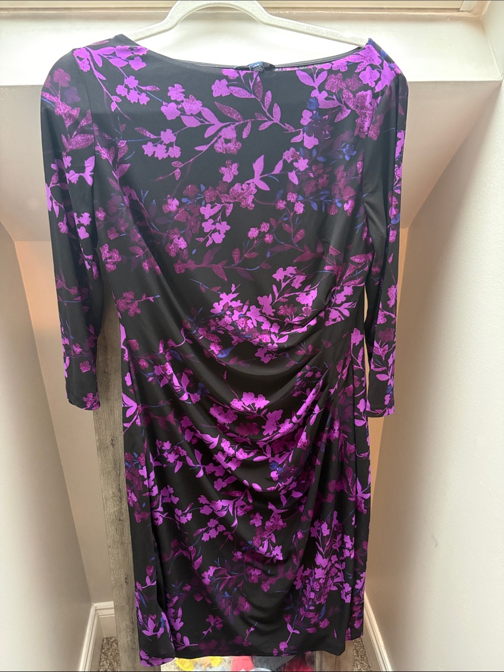 Elegant Black Dress with Purple Floral Print - Women's Dress